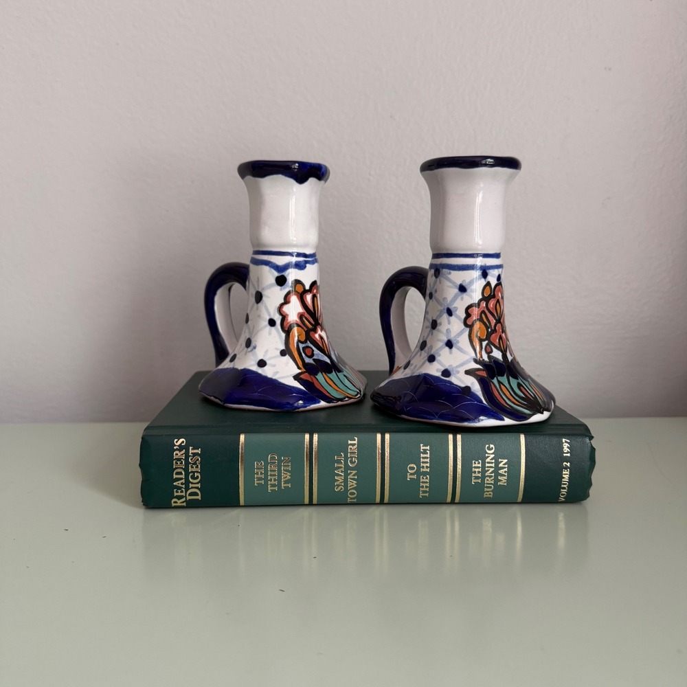 Talavera Mexican Pottery Candlestick Holders Hand Painted Floral Ceramic (2) - Picture 7 of 8
